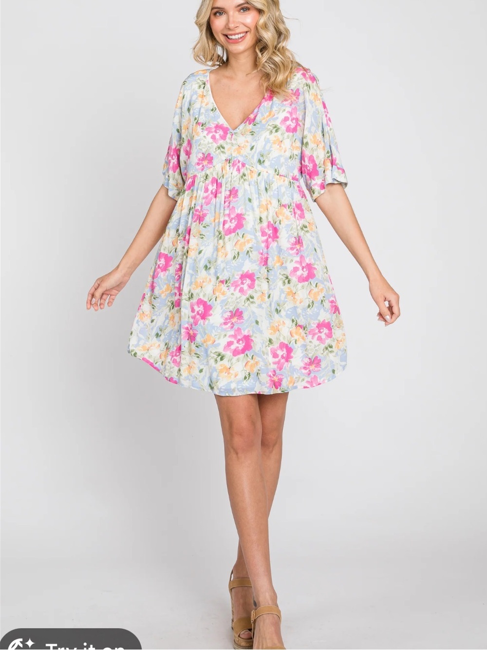 Emily Wonder Blue Floral Print Babydoll Mini Dress Size Large Maternity